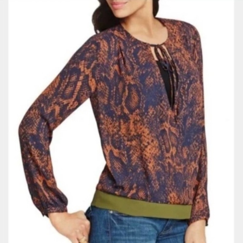 CAbi Orange & Navy Snakeskin Border Wrap Tunic Blouse Size Small